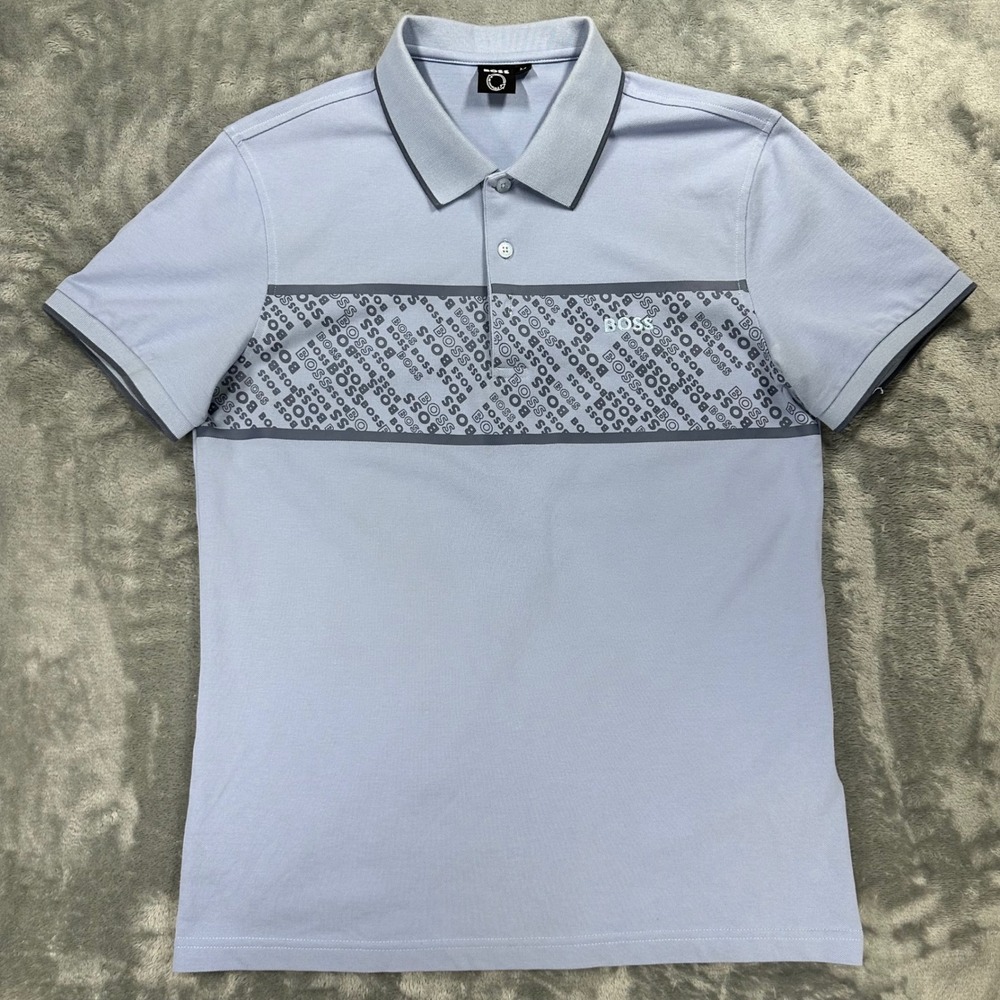 Hugo Boss Mens Monogram Logo Chest Band Polo Shirt Light Blue Size M